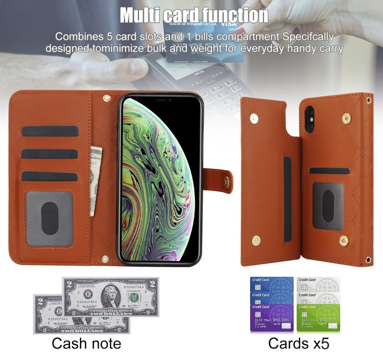 For iPhone XS Max Crossbody Multifunction Rhombic Leather Phone Case(Brown) - More iPhone Cases by buy2fix | Online Shopping UK | buy2fix