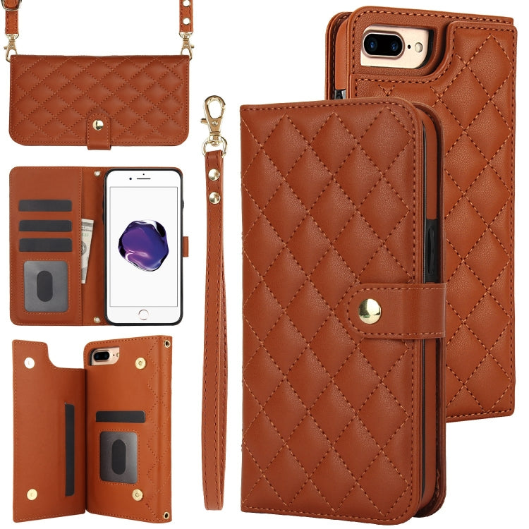 For iPhone 7 Plus / 8 Plus Crossbody Multifunction Rhombic Leather Phone Case(Brown) - More iPhone Cases by buy2fix | Online Shopping UK | buy2fix