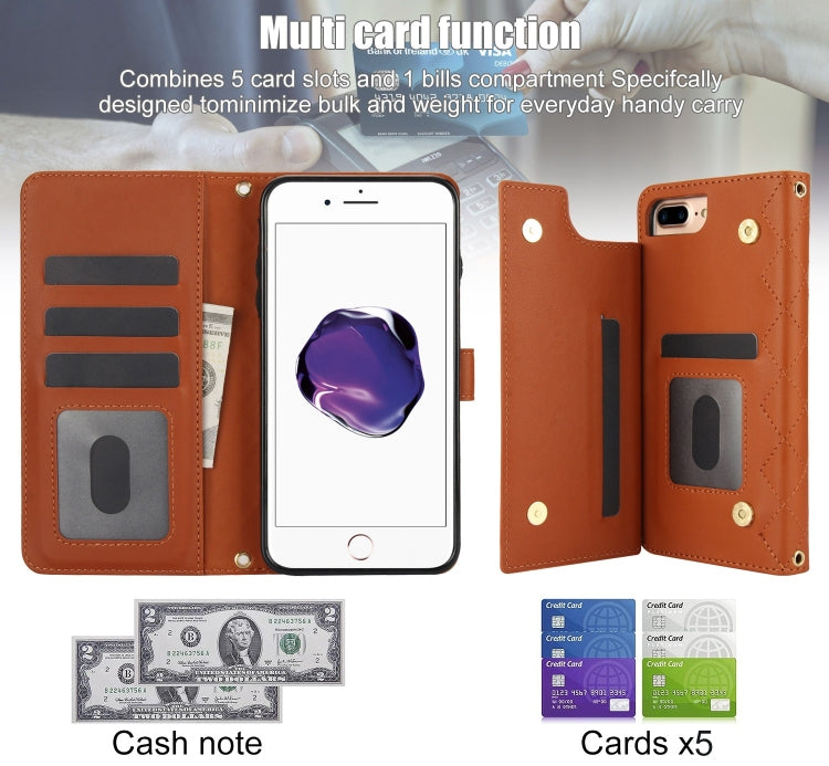 For iPhone 7 Plus / 8 Plus Crossbody Multifunction Rhombic Leather Phone Case(Brown) - More iPhone Cases by buy2fix | Online Shopping UK | buy2fix