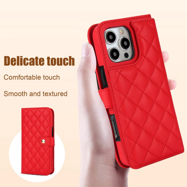 For iPhone 16 Pro Max Crossbody Multifunction Rhombic Leather Phone Case(Red) - iPhone 16 Pro Max Cases by buy2fix | Online Shopping UK | buy2fix