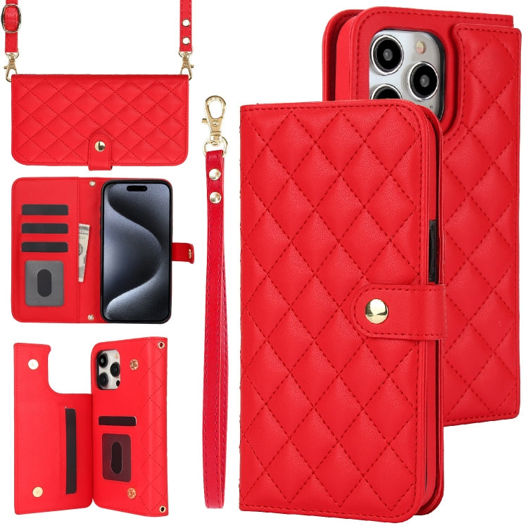 For iPhone 16 Pro Crossbody Multifunction Rhombic Leather Phone Case(Red) - More iPhone Cases by buy2fix | Online Shopping UK | buy2fix