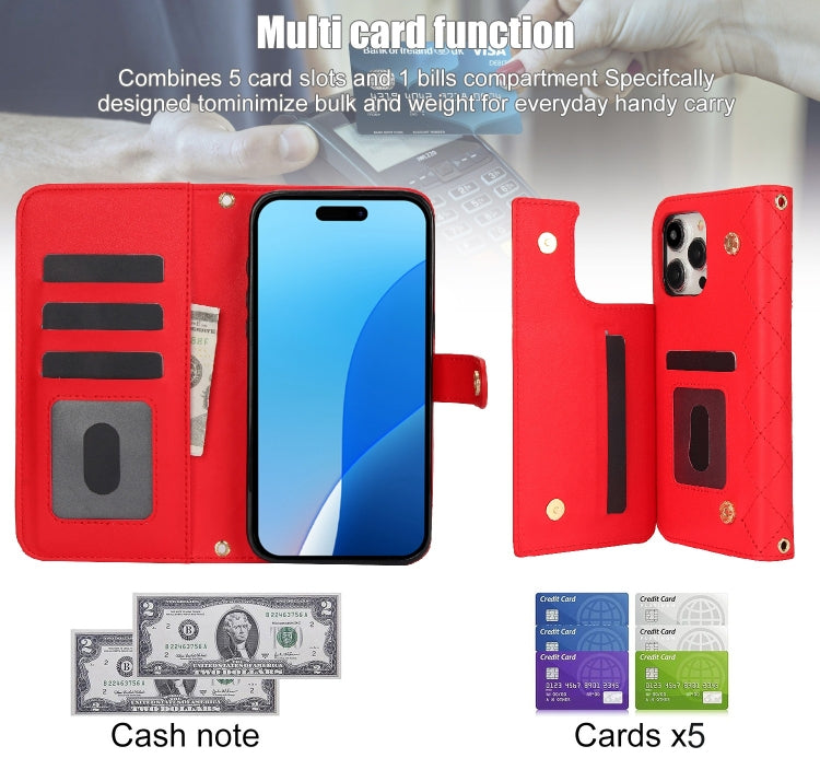 For iPhone 16 Pro Crossbody Multifunction Rhombic Leather Phone Case(Red) - More iPhone Cases by buy2fix | Online Shopping UK | buy2fix