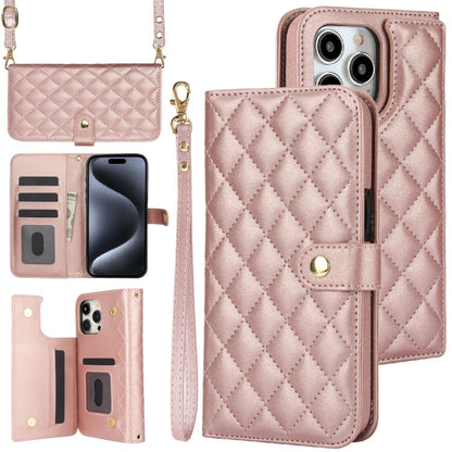 For iPhone 16 Pro Crossbody Multifunction Rhombic Leather Phone Case(Rose Gold) - More iPhone Cases by buy2fix | Online Shopping UK | buy2fix