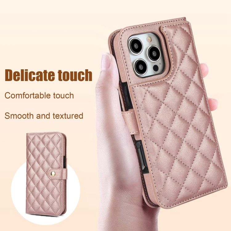 For iPhone 16 Pro Crossbody Multifunction Rhombic Leather Phone Case(Rose Gold) - More iPhone Cases by buy2fix | Online Shopping UK | buy2fix