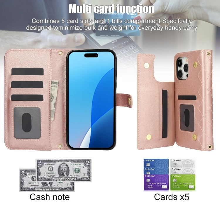 For iPhone 16 Pro Crossbody Multifunction Rhombic Leather Phone Case(Rose Gold) - More iPhone Cases by buy2fix | Online Shopping UK | buy2fix