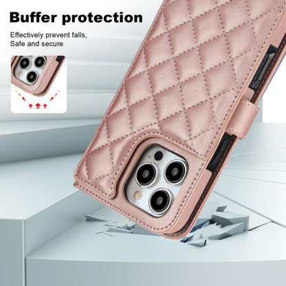 For iPhone 16 Pro Crossbody Multifunction Rhombic Leather Phone Case(Rose Gold) - More iPhone Cases by buy2fix | Online Shopping UK | buy2fix