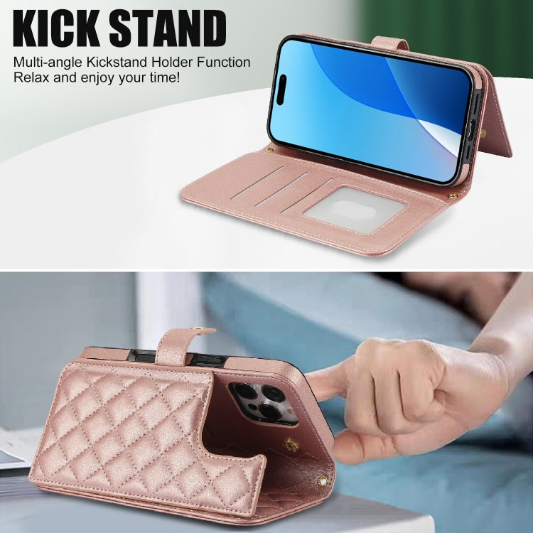For iPhone 16 Pro Crossbody Multifunction Rhombic Leather Phone Case(Rose Gold) - More iPhone Cases by buy2fix | Online Shopping UK | buy2fix