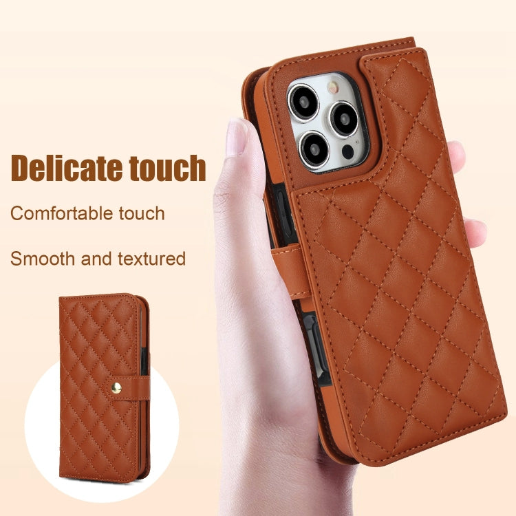 For iPhone 16 Pro Crossbody Multifunction Rhombic Leather Phone Case(Brown) - More iPhone Cases by buy2fix | Online Shopping UK | buy2fix