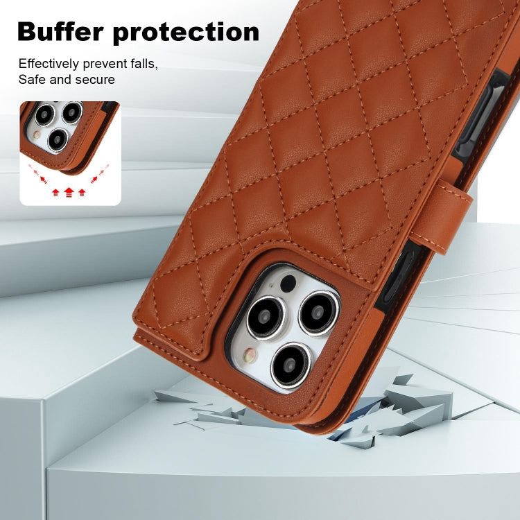 For iPhone 16 Pro Crossbody Multifunction Rhombic Leather Phone Case(Brown) - More iPhone Cases by buy2fix | Online Shopping UK | buy2fix
