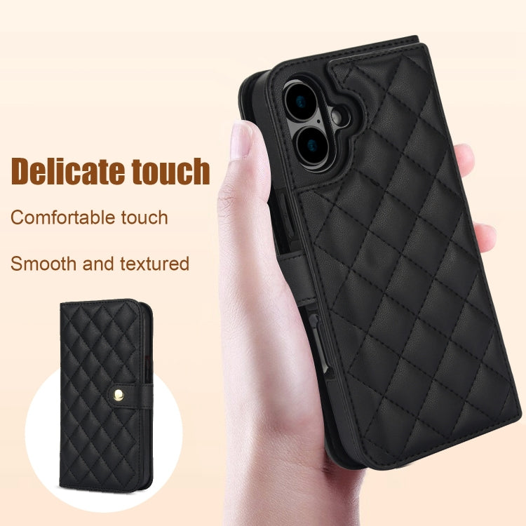 For iPhone 16 Plus Crossbody Multifunction Rhombic Leather Phone Case(Black) - iPhone 16 Plus Cases by buy2fix | Online Shopping UK | buy2fix