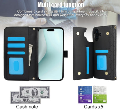 For iPhone 16 Plus Crossbody Multifunction Rhombic Leather Phone Case(Black) - iPhone 16 Plus Cases by buy2fix | Online Shopping UK | buy2fix