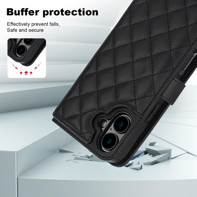 For iPhone 16 Plus Crossbody Multifunction Rhombic Leather Phone Case(Black) - iPhone 16 Plus Cases by buy2fix | Online Shopping UK | buy2fix