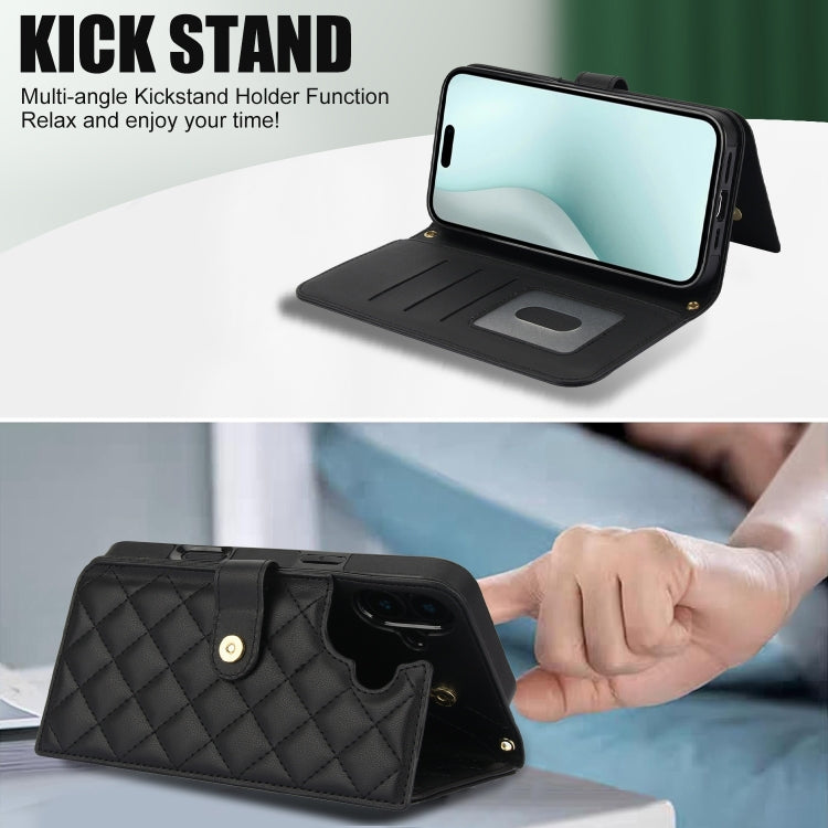 For iPhone 16 Plus Crossbody Multifunction Rhombic Leather Phone Case(Black) - iPhone 16 Plus Cases by buy2fix | Online Shopping UK | buy2fix