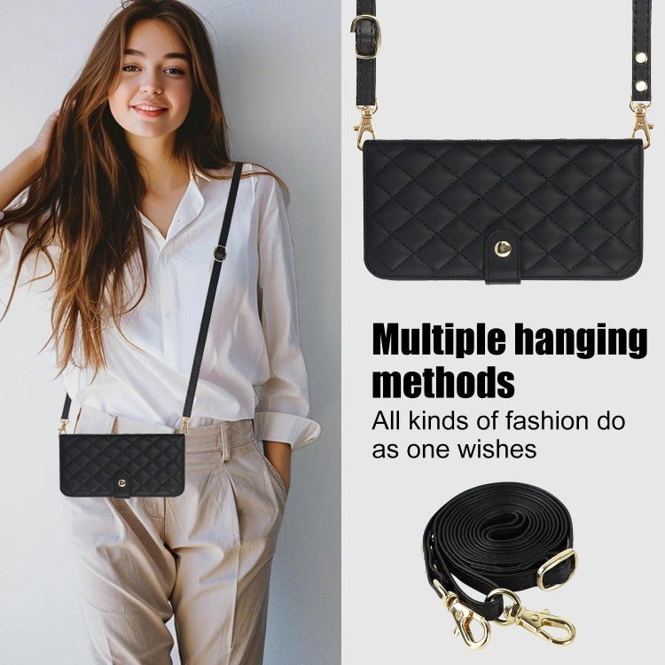 For iPhone 16 Plus Crossbody Multifunction Rhombic Leather Phone Case(Black) - iPhone 16 Plus Cases by buy2fix | Online Shopping UK | buy2fix