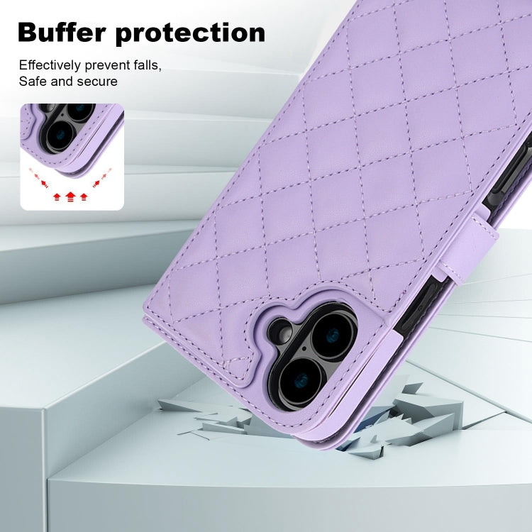 For iPhone 16 Plus Crossbody Multifunction Rhombic Leather Phone Case(Purple) - iPhone 16 Plus Cases by buy2fix | Online Shopping UK | buy2fix