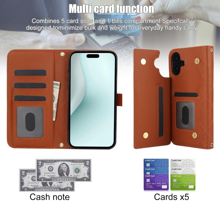 For iPhone 16 Plus Crossbody Multifunction Rhombic Leather Phone Case(Brown) - iPhone 16 Plus Cases by buy2fix | Online Shopping UK | buy2fix