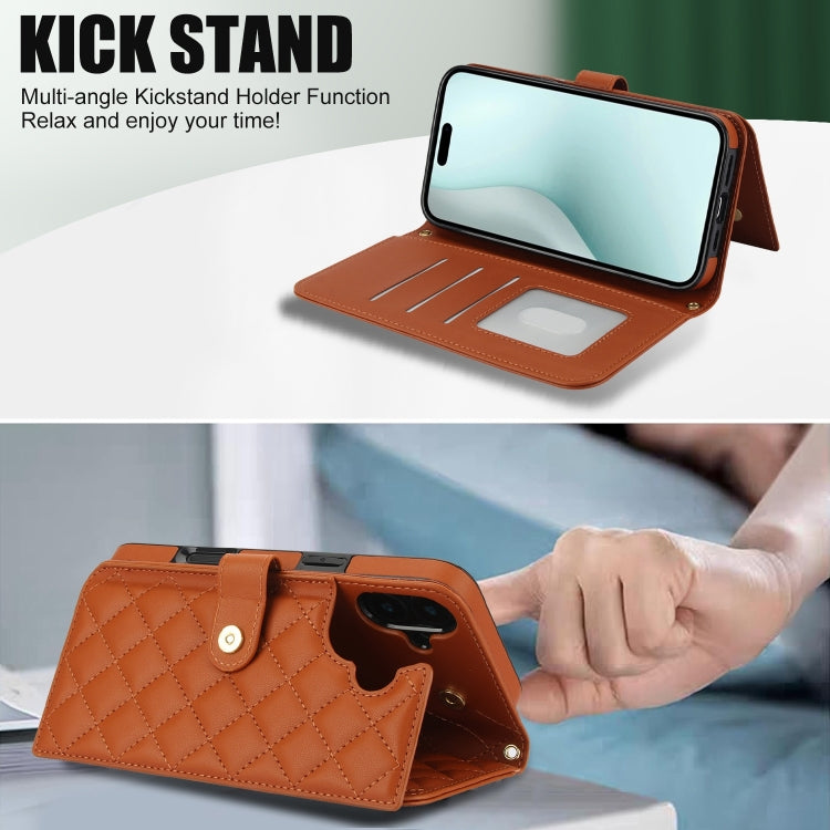 For iPhone 16 Plus Crossbody Multifunction Rhombic Leather Phone Case(Brown) - iPhone 16 Plus Cases by buy2fix | Online Shopping UK | buy2fix