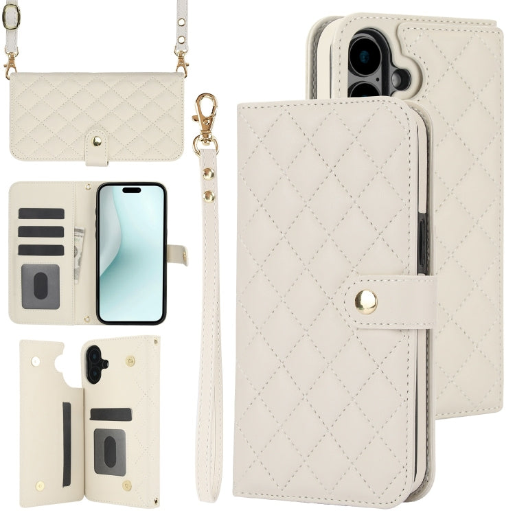 For iPhone 16 Crossbody Multifunction Rhombic Leather Phone Case(White) by buy2fix