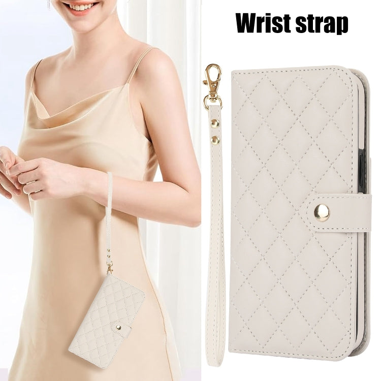 For iPhone 16 Crossbody Multifunction Rhombic Leather Phone Case(White) by buy2fix