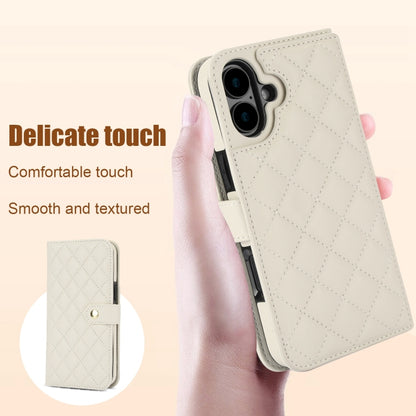 For iPhone 16 Crossbody Multifunction Rhombic Leather Phone Case(White) by buy2fix