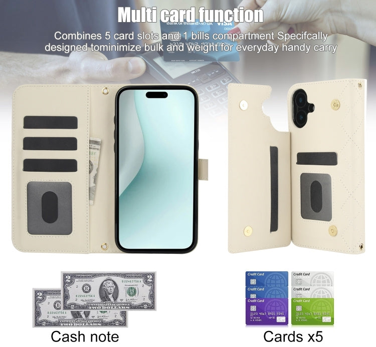 For iPhone 16 Crossbody Multifunction Rhombic Leather Phone Case(White) by buy2fix