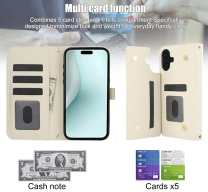 For iPhone 16 Crossbody Multifunction Rhombic Leather Phone Case(White) by buy2fix