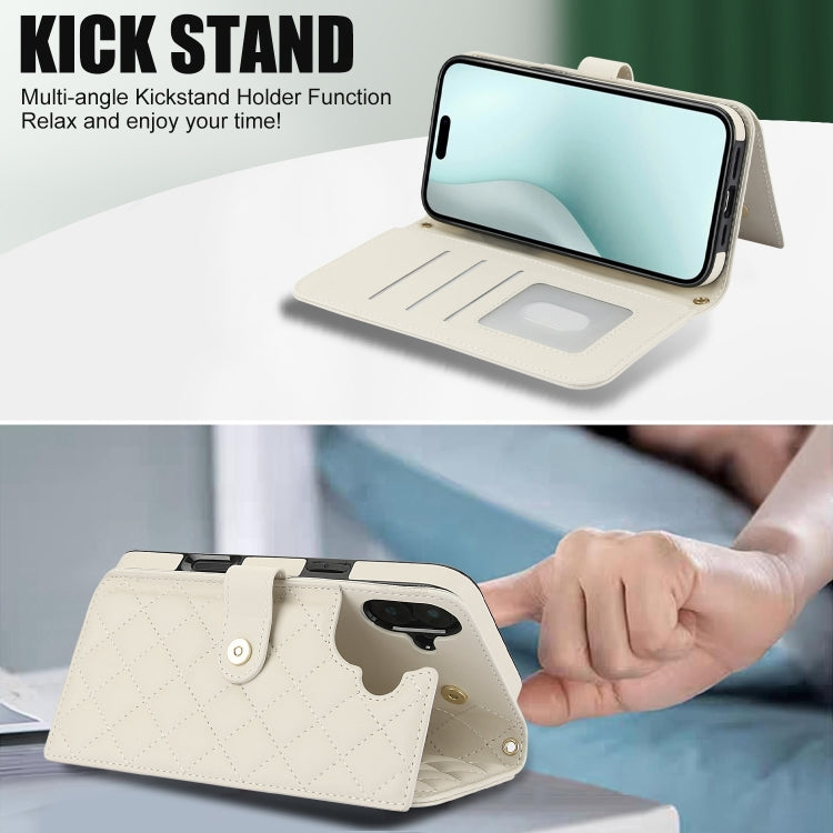 For iPhone 16 Crossbody Multifunction Rhombic Leather Phone Case(White) by buy2fix