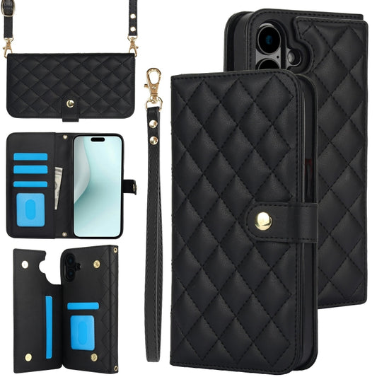 For iPhone 16 Crossbody Multifunction Rhombic Leather Phone Case(Black) - iPhone 16 Cases by buy2fix | Online Shopping UK | buy2fix