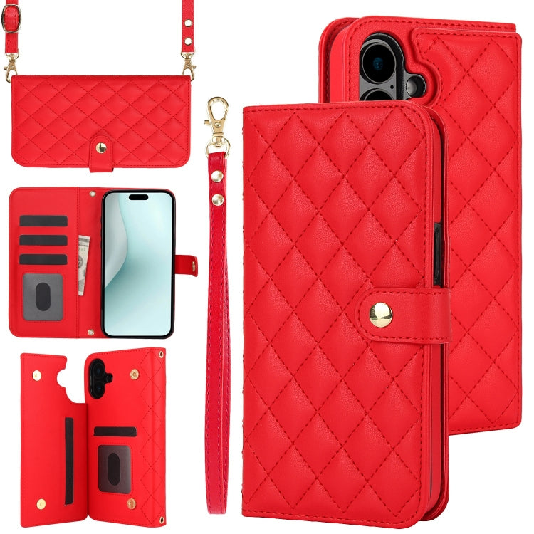 For iPhone 16 Crossbody Multifunction Rhombic Leather Phone Case(Red) - iPhone 16 Cases by buy2fix | Online Shopping UK | buy2fix