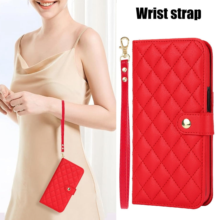 For iPhone 16 Crossbody Multifunction Rhombic Leather Phone Case(Red) - iPhone 16 Cases by buy2fix | Online Shopping UK | buy2fix