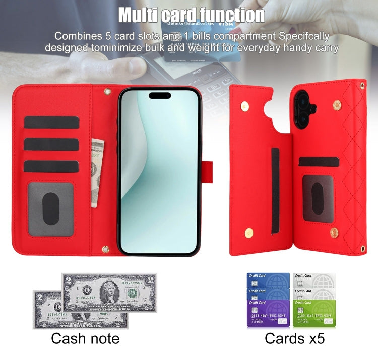 For iPhone 16 Crossbody Multifunction Rhombic Leather Phone Case(Red) - iPhone 16 Cases by buy2fix | Online Shopping UK | buy2fix