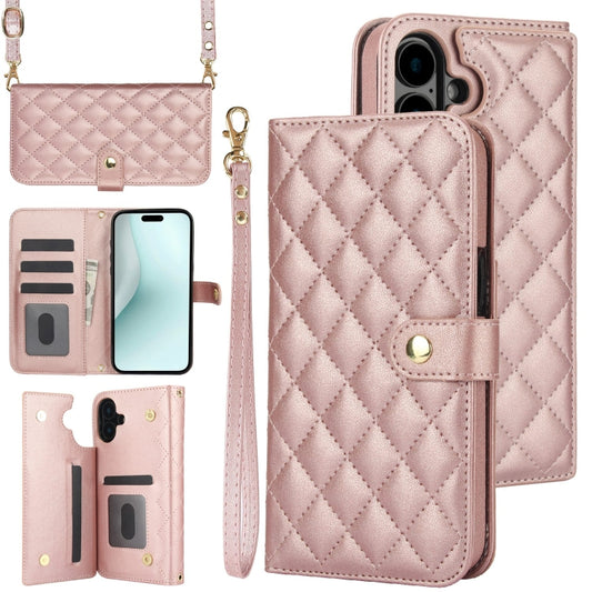For iPhone 16 Crossbody Multifunction Rhombic Leather Phone Case(Rose Gold) - iPhone 16 Cases by buy2fix | Online Shopping UK | buy2fix