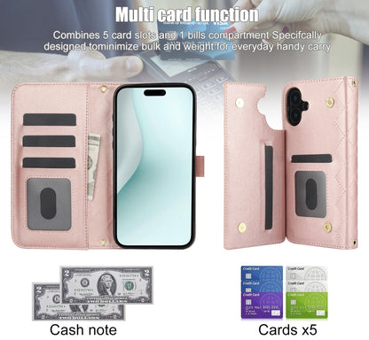 For iPhone 16 Crossbody Multifunction Rhombic Leather Phone Case(Rose Gold) - iPhone 16 Cases by buy2fix | Online Shopping UK | buy2fix