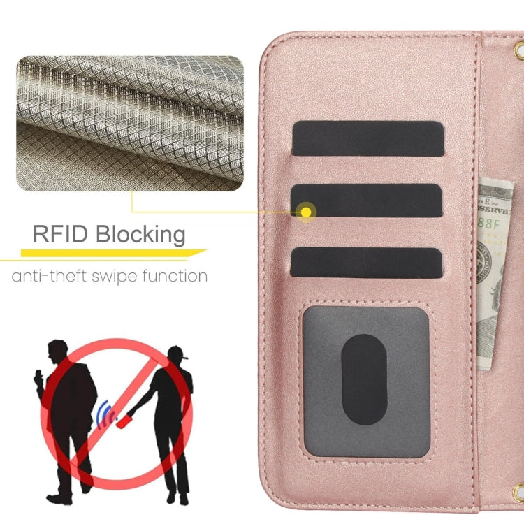 For iPhone 16 Crossbody Multifunction Rhombic Leather Phone Case(Rose Gold) - iPhone 16 Cases by buy2fix | Online Shopping UK | buy2fix