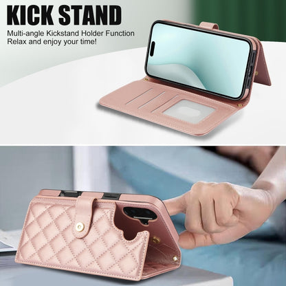 For iPhone 16 Crossbody Multifunction Rhombic Leather Phone Case(Rose Gold) - iPhone 16 Cases by buy2fix | Online Shopping UK | buy2fix