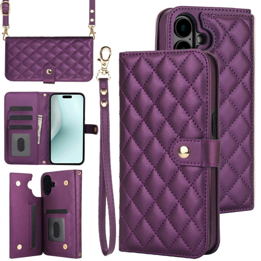 For iPhone 16 Crossbody Multifunction Rhombic Leather Phone Case(Dark Purple) - iPhone 16 Cases by buy2fix | Online Shopping UK | buy2fix