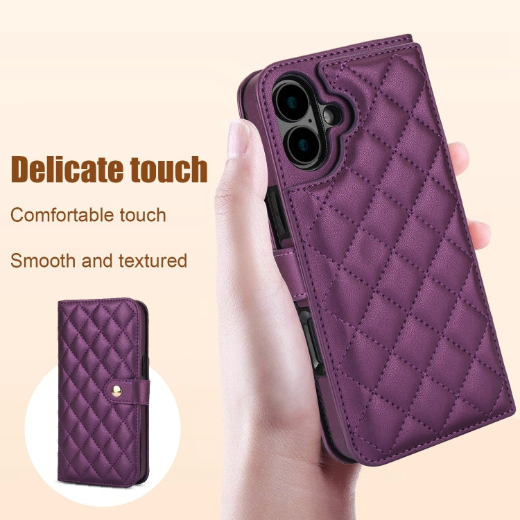 For iPhone 16 Crossbody Multifunction Rhombic Leather Phone Case(Dark Purple) - iPhone 16 Cases by buy2fix | Online Shopping UK | buy2fix
