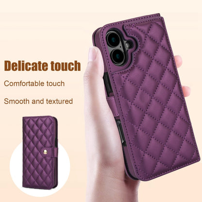 For iPhone 16 Crossbody Multifunction Rhombic Leather Phone Case(Dark Purple) - iPhone 16 Cases by buy2fix | Online Shopping UK | buy2fix