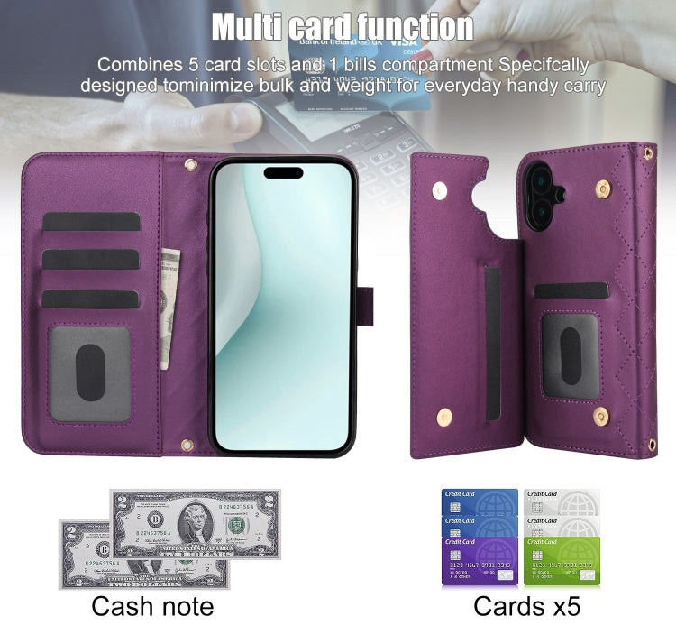 For iPhone 16 Crossbody Multifunction Rhombic Leather Phone Case(Dark Purple) - iPhone 16 Cases by buy2fix | Online Shopping UK | buy2fix