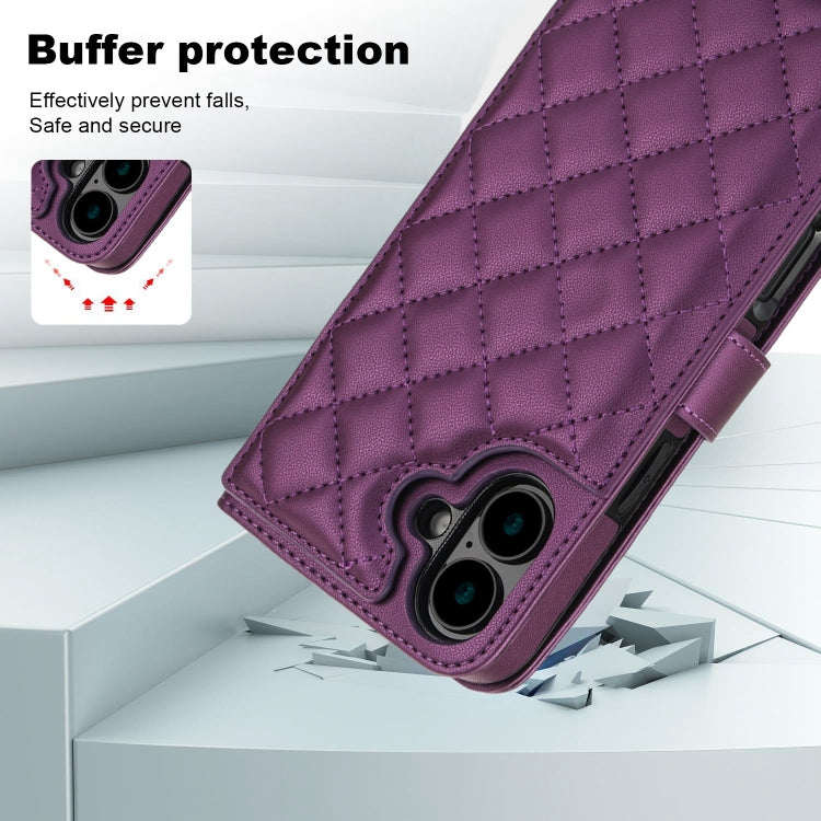 For iPhone 16 Crossbody Multifunction Rhombic Leather Phone Case(Dark Purple) - iPhone 16 Cases by buy2fix | Online Shopping UK | buy2fix