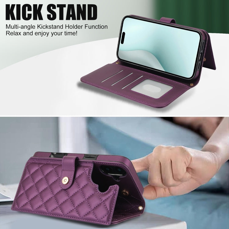 For iPhone 16 Crossbody Multifunction Rhombic Leather Phone Case(Dark Purple) - iPhone 16 Cases by buy2fix | Online Shopping UK | buy2fix