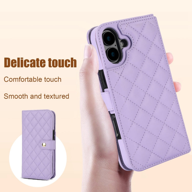 For iPhone 16 Crossbody Multifunction Rhombic Leather Phone Case(Purple) - iPhone 16 Cases by buy2fix | Online Shopping UK | buy2fix