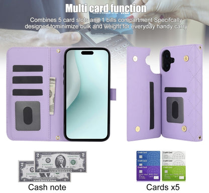 For iPhone 16 Crossbody Multifunction Rhombic Leather Phone Case(Purple) - iPhone 16 Cases by buy2fix | Online Shopping UK | buy2fix