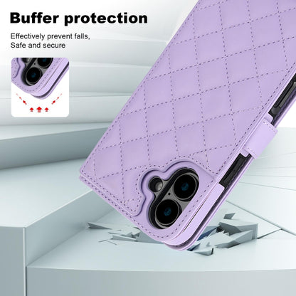 For iPhone 16 Crossbody Multifunction Rhombic Leather Phone Case(Purple) - iPhone 16 Cases by buy2fix | Online Shopping UK | buy2fix