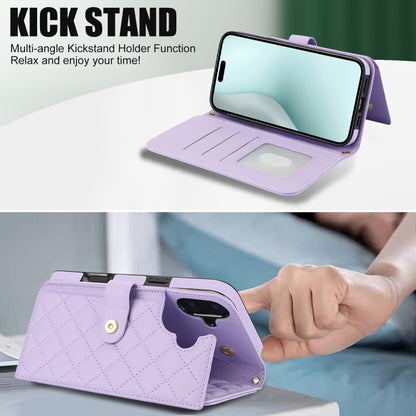 For iPhone 16 Crossbody Multifunction Rhombic Leather Phone Case(Purple) - iPhone 16 Cases by buy2fix | Online Shopping UK | buy2fix