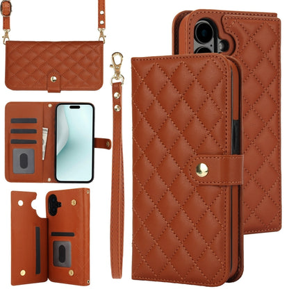 For iPhone 16 Crossbody Multifunction Rhombic Leather Phone Case(Brown) - iPhone 16 Cases by buy2fix | Online Shopping UK | buy2fix