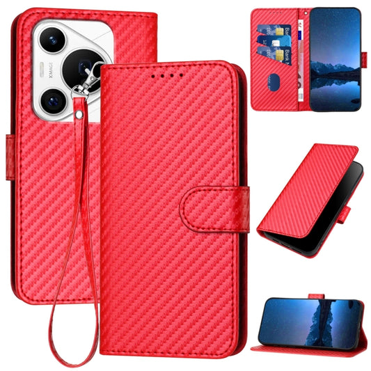 For Huawei Pura 70 Pro / Pura 70 Ultra YX0070 Carbon Fiber Buckle Leather Phone Case with Lanyard(Red) by buy2fix
