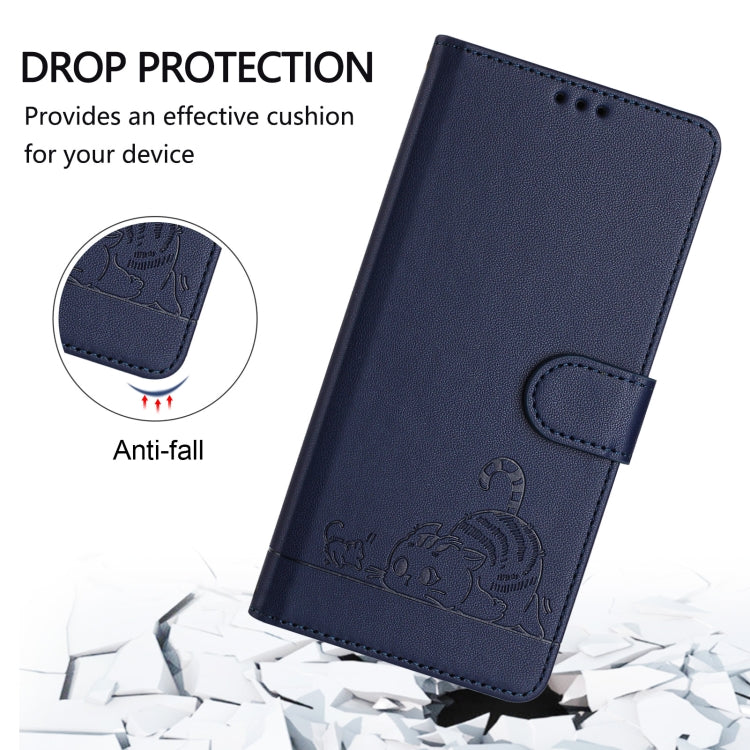 For Motorola Moto G Play 4G 2024 Global Cat Rat Embossed Pattern RFID Leather Phone Case with Lanyard(Blue) - Motorola Cases by buy2fix | Online Shopping UK | buy2fix