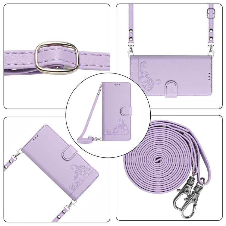 For Motorola Moto G Play 4G 2024 Global Cat Rat Embossed Pattern RFID Leather Phone Case with Lanyard(Purple) - Motorola Cases by buy2fix | Online Shopping UK | buy2fix