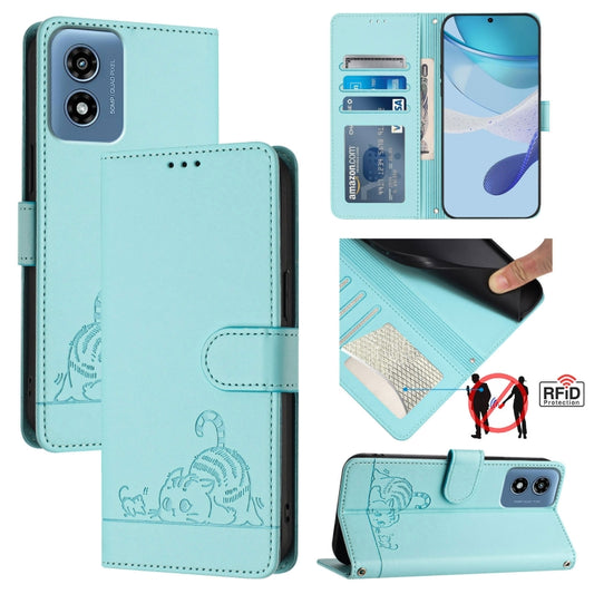 For Motorola Moto G Play 5G 2024 Global Cat Rat Embossed Pattern RFID Leather Phone Case with Lanyard(Mint Green) - Motorola Cases by buy2fix | Online Shopping UK | buy2fix